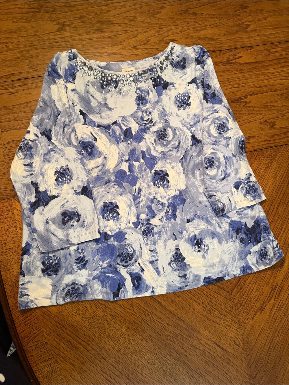 Ruby Rd. Blue & White Floral Jewel-Neck Sweatshirt